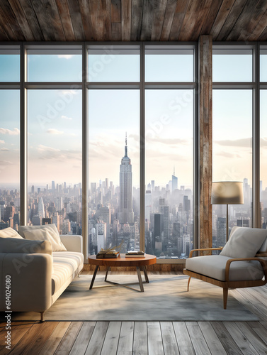 Generative AI Midtown New York City Manhattan Skyline Buildings from High Rise Window. Beautiful Expensive Real Estate. Empty room Interior Skyscrapers View Cityscape. Day time. Hudson Yards West Side