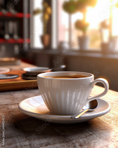 明るい部屋で白いコーヒーマグでコーヒーを飲むコーヒータイム