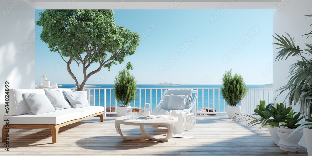 Generative AI Modern style wooden terrace with city view 3d render, decorated with luxury white fabric chairs and white tree pot