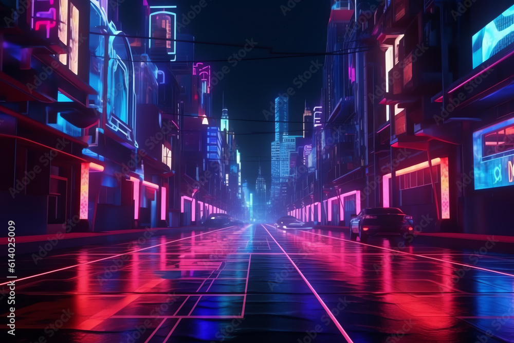 Fototapeta premium Generative AI Beautiful neon night in a cyberpunk city. Photorealistic 3d illustration of the futuristic city. Empty street with blue neon lights.
