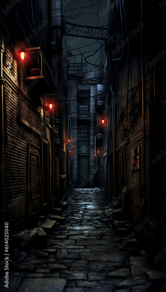 Generative AI Dark and eerie urban city alley at night