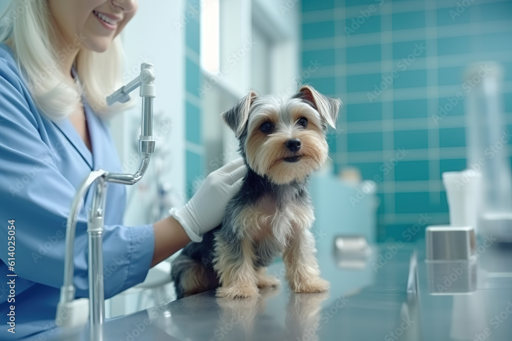 Puppy in hands with blue medical gloves. Veterinary medical visit of a dog. The veterinarian examines the puppy. Realistic 3D illustration. Generative AI Puppy in hands with blue medical gloves. Veterinary medical visit of a dog. The veterinarian examines the puppy. Realistic 3D illustration. Generative AI