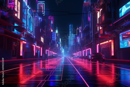 Generative AI Beautiful neon night in a cyberpunk city. Photorealistic 3d illustration of the futuristic city. Empty street with blue neon lights.