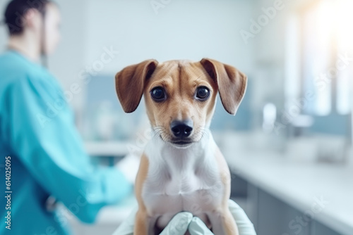 Puppy in hands with blue medical gloves. Veterinary medical visit of a dog. The veterinarian examines the puppy. Realistic 3D illustration. Generative AI