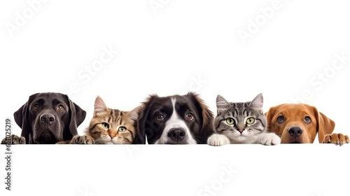 Cute puppies and kittens hanging over a white wooden board with copy space on a white background. Dogs and cats peeking over banner on white background. Realistic 3D illustration. Generative AI