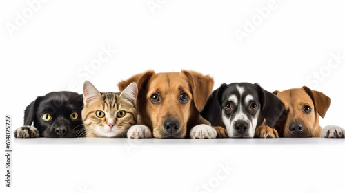Cute puppies and kittens hanging over a white wooden board with copy space on a white background. Dogs and cats peeking over banner on white background. Realistic 3D illustration. Generative AI