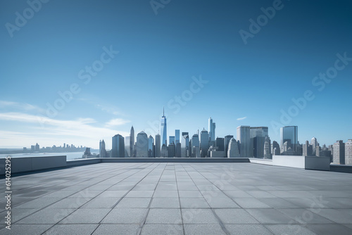 Generative AI Skyscrapers Cityscape Downtown  New York Skyline Buildings. Beautiful Real Estate. Day time. Empty rooftop View. Success concept.