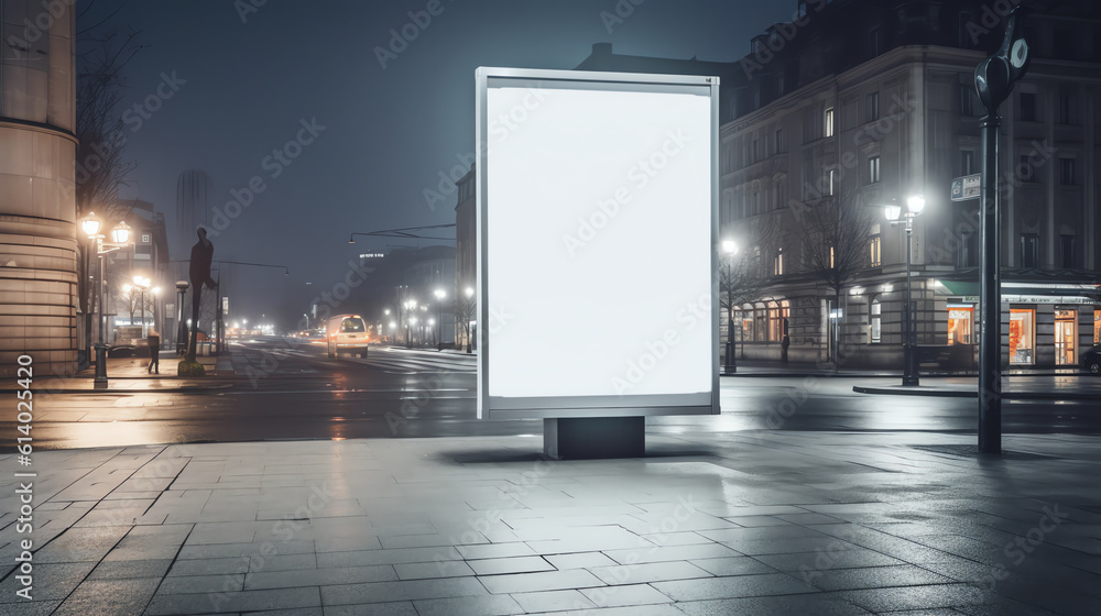 Generative AI Vertical billboard lightbox in the city. for placing the MOCKUP advertisement with people in the background advertising in the bus shelter