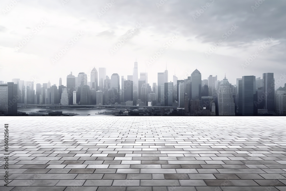Generative AI Cityscape with empty tarmac floor. sunset scene. Image composite Generative AI Cityscape with empty tarmac floor. sunset scene. Image composite