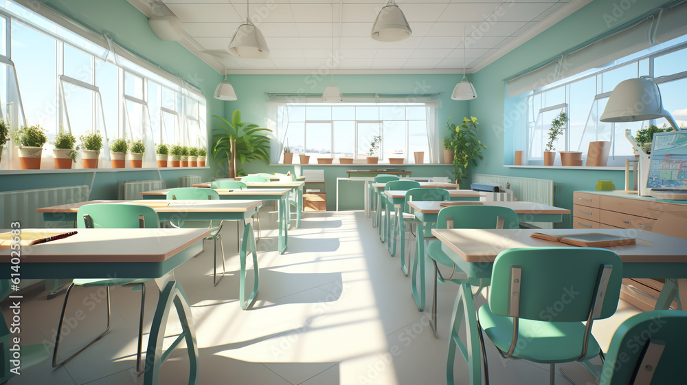 Generative AI Blue and gary modern classroom without students - 3d rendering