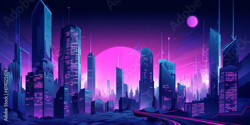 Generative AI Road to night city, empty highway and glowing skyline with futuristic urban architecture, megapolis infrastructure with modern skyscraper buildings, purple neon background, Cartoon vecto