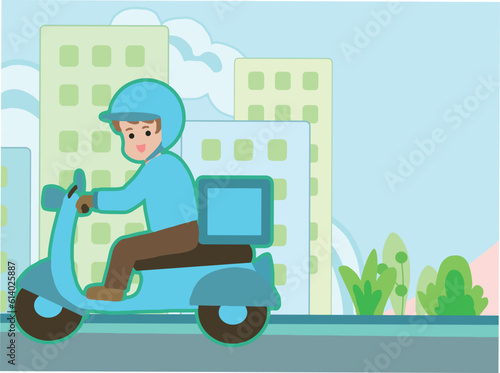 A man drive motocycle to delivery in town.