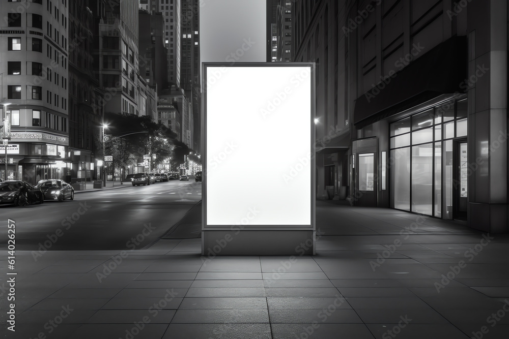 Fototapeta premium Generative AI Blank white mockup of bus stop vertical billboard in front of empty street background