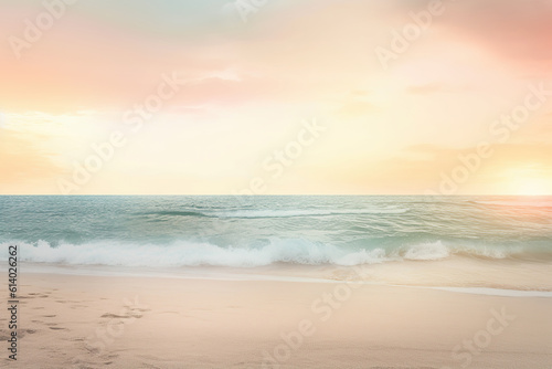 Serene sandy beach with clear blue waves at shore. Soft light  copy space. Generative AI