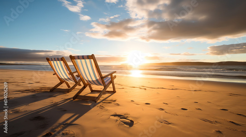Fotografie, Obraz Generative AI Empty chairs on sandy beach at sunrise or sunset - relaxation conc