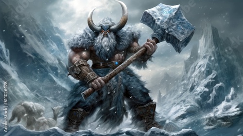A frost giant barbarian who wields an enormous battle axe. photo