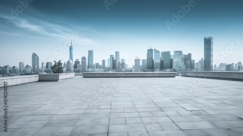 Generative AI Business concept - Empty marble floor top with panoramic modern cityscape building bird eye aerial view under sunrise and morning blue bright sky of Tokyo, Japan for display or montage p