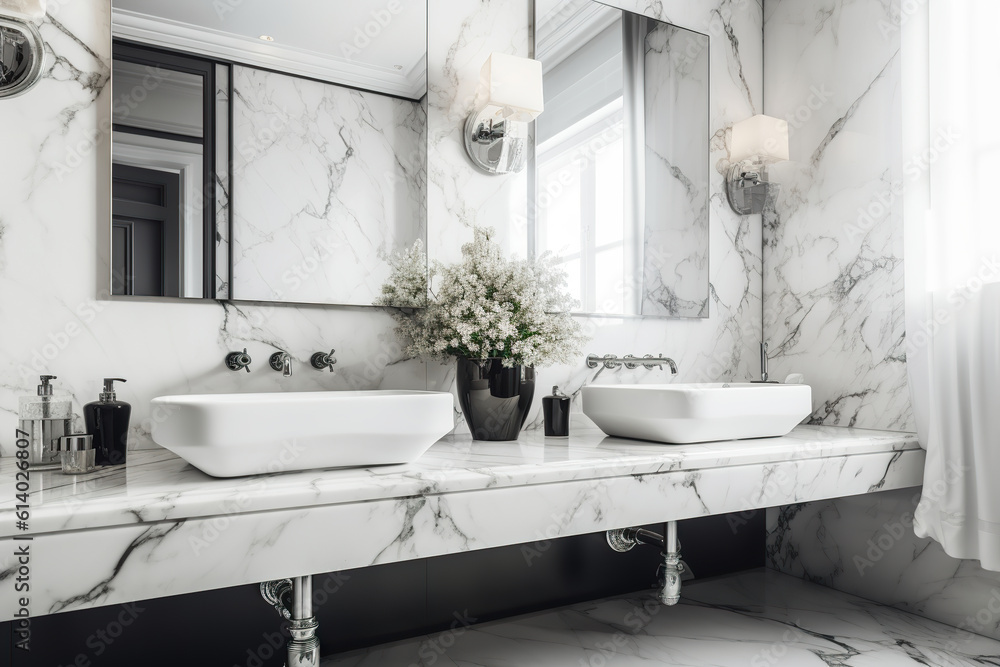 Illustration of two sinks in a panoramic white marble bathroom. Bathroom sinks with contemporary design. Bathroom of a modern apartment. Realistic 3D illustration. Generative AI Illustration of two sinks in a panoramic white marble bathroom. Bathroom sinks with contemporary design. Bathroom of a modern apartment. Realistic 3D illustration. Generative AI