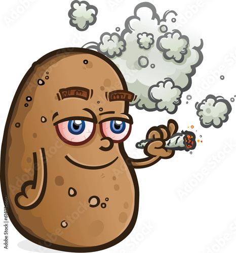 A baked potato cartoon character getting high and smoking a big fat marijuana joint making for a funny pun about being stoned
