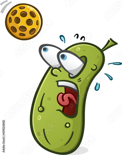 Pickle cartoon character about to get hit by a stray pickleball that was mistakenly smacked into the crowd during a heated match up