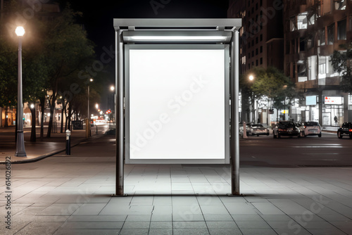 Generative AI Two bus stop blank advertising mock ups at empty bus stop shelter by main road. Out-of-home OOH classifieds billboard advertisement media in the city