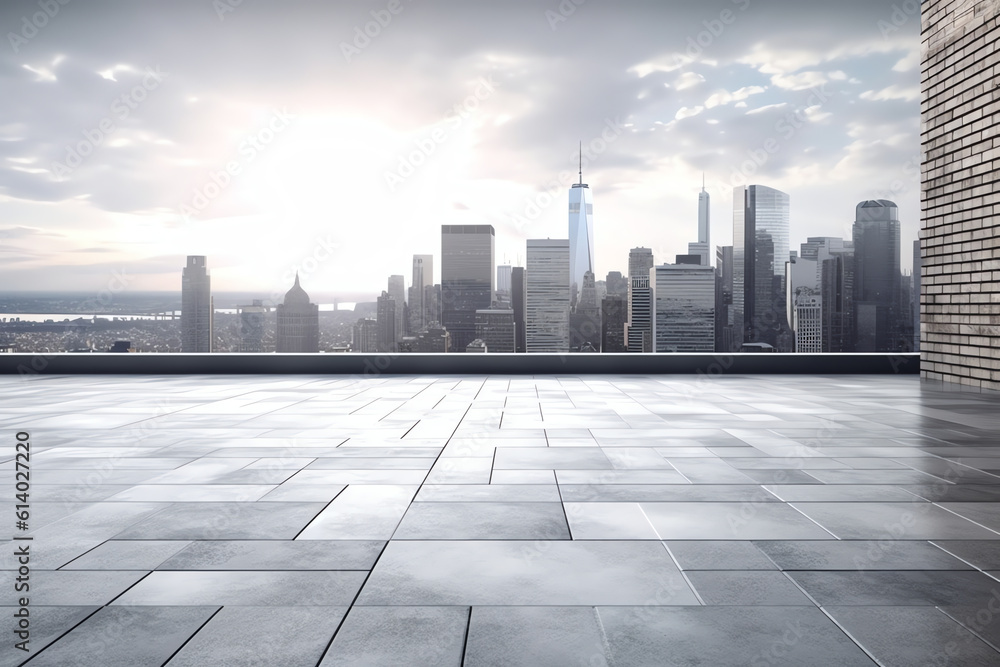 Generative AI Panoramic skyline and buildings with empty concrete square floor Generative AI Panoramic skyline and buildings with empty concrete square floor