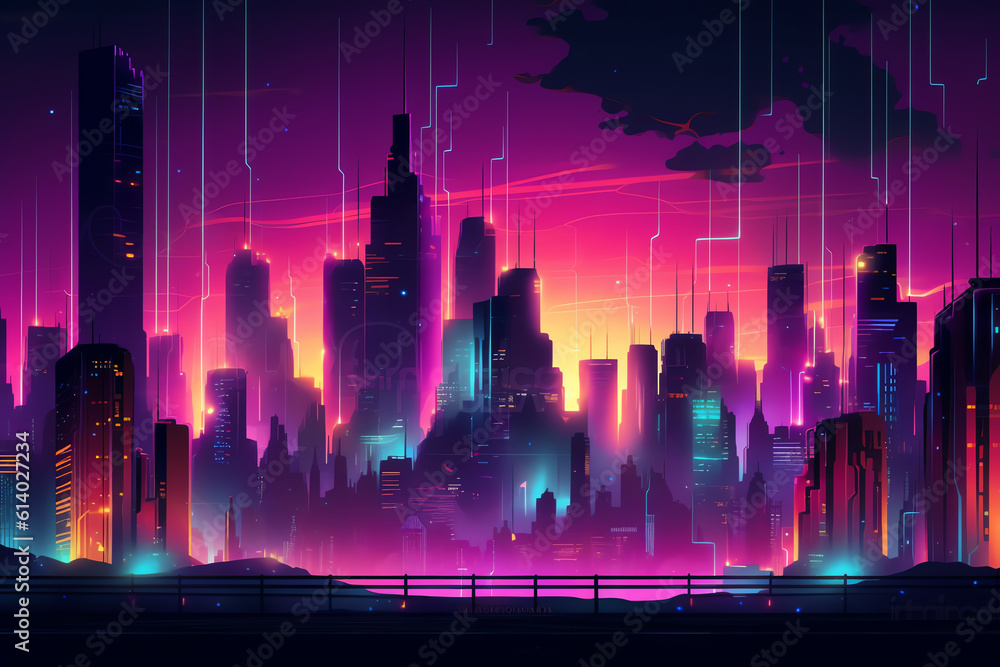 Generative AI Road to night city, empty highway and glowing skyline with futuristic urban architecture, megapolis infrastructure with modern skyscraper buildings, purple neon background, Cartoon vecto