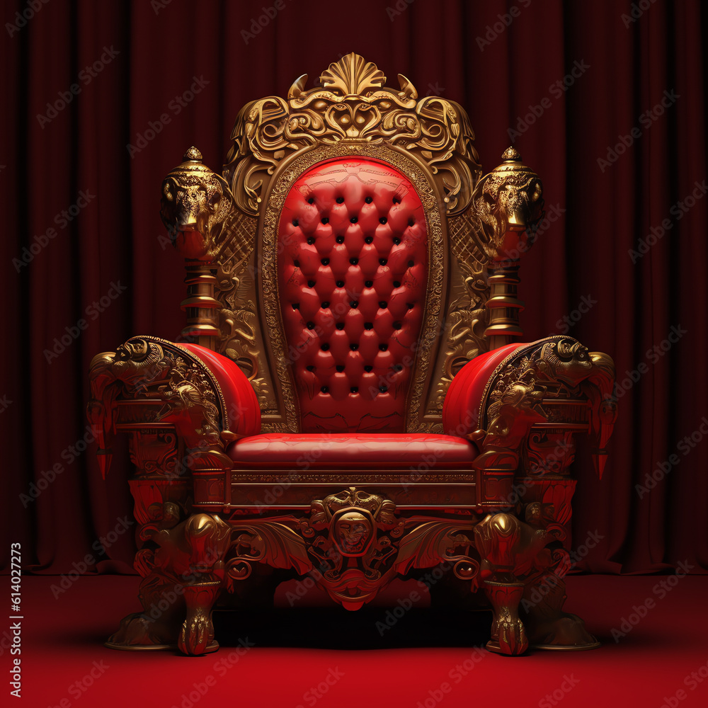 Generative AI Concept of luxury and success with red velvet and gold armchair