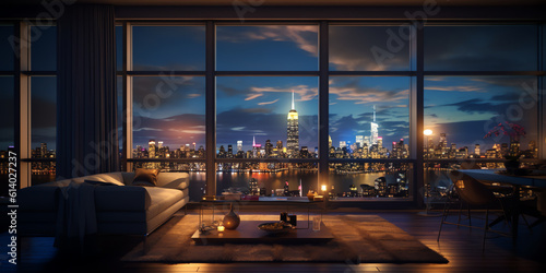 Generative AI Midtown New York City Manhattan Skyline Buildings from High Rise Window. Beautiful Expensive Real Estate. Empty room Interior Skyscrapers View Cityscape. Night time. west side. 3d render