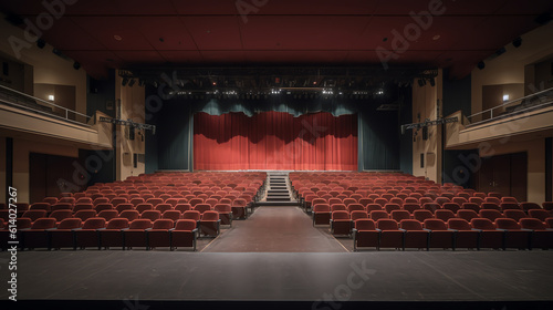 Generative AI Photo of an empty cinema or theatre showing rows of red foldable seats in the empty building photo