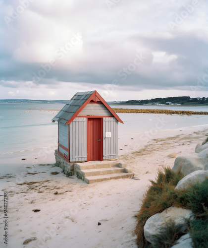 Generative AI Beach with a small chapel and huts in the background photo