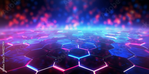 Generative AI Futuristic technology product display. Wide gaming background with glowing particle with depth of field for gaming product presentetion. Multimedia, audio, video, cinema, music abstract 