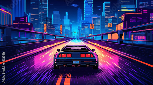 Car racing on street sunset, illustration, pixel art, game art, retro futuristic, generative AI