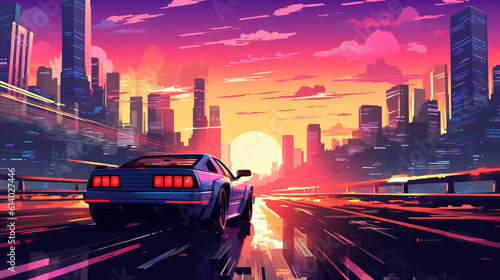 Car racing on street sunset, illustration, pixel art, game art, retro futuristic, generative AI