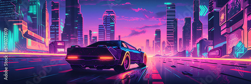Car racing on street sunset, illustration, game art, retro futuristic, generative AI