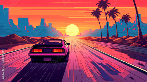 Car racing on street sunset, illustration, pixel art, game art, retro futuristic, generative AI