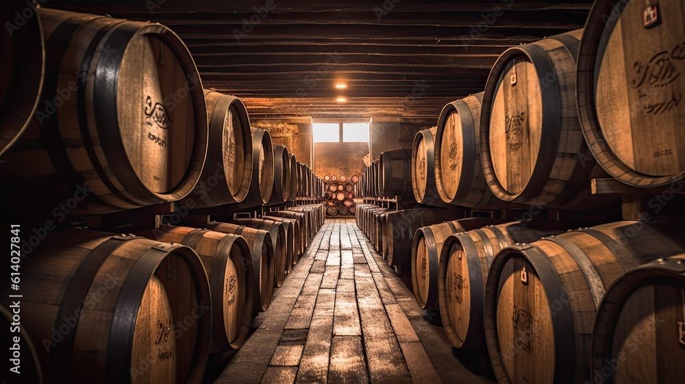 Oak barrels for beer fermentation in breweries. generative ai