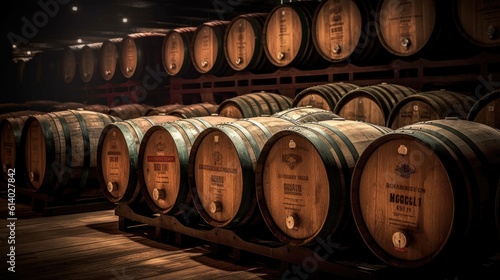 Photo Oak barrels for beer fermentation in breweries. generative ai