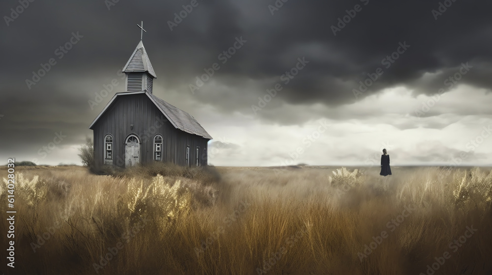Generative AI Abandoned church in the desert, with stormy skies. Monotone image, with added grain. Generative AI Abandoned church in the desert, with stormy skies. Monotone image, with added grain.