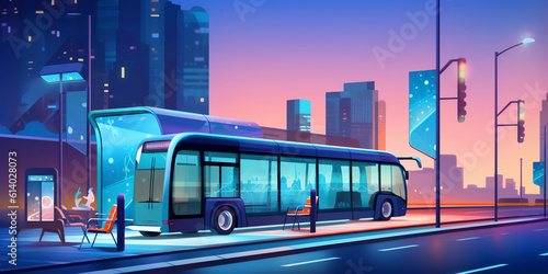 Generative AI City street with bus stop in rain at night. Town landscape with public transport station with glass shelter, car road and buildings in rainy weather, vector cartoon illustration
