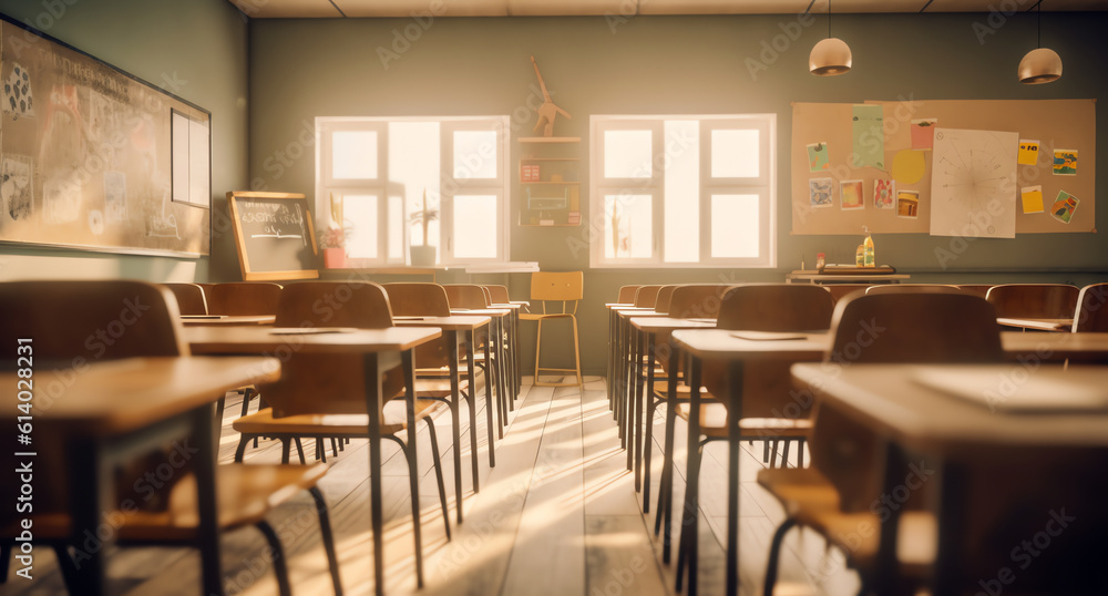 Generative AI School classroom in blur background without young student; Blurry view of elementary class room no kid or teacher with chairs and tables in campus. Vintage effect style pictures.