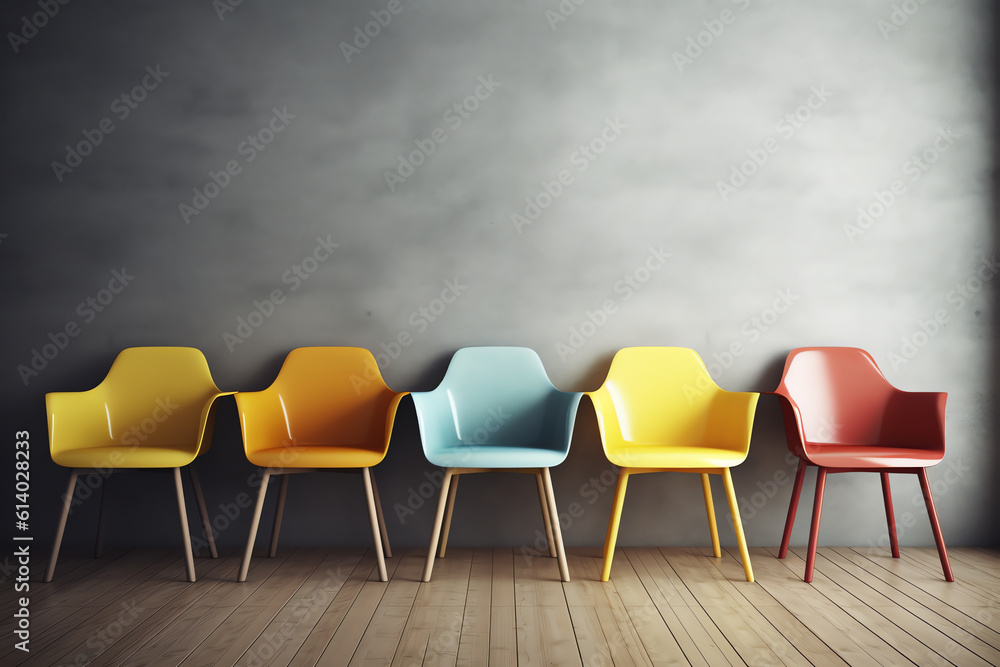 Obraz premium Generative AI Standing chairs in a row, yellow chair stands out among the likes. Business hiring and recruiting concept. 3d illustration.