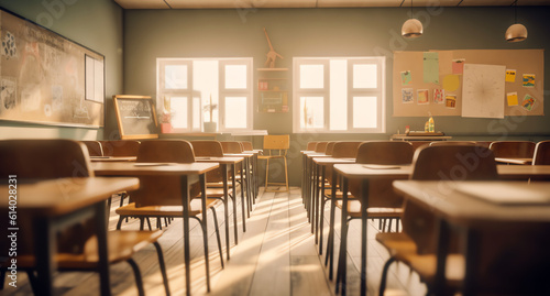 Generative AI School classroom in blur background without young student  Blurry view of elementary class room no kid or teacher with chairs and tables in campus. Vintage effect style pictures.