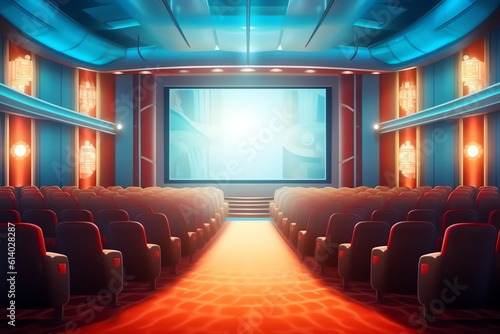 Generative AI Movie theater with empty seats and big white screen. With color filter. 3d render