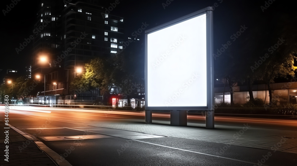 Generative AI Bus stop billboard at night. Bus passing by