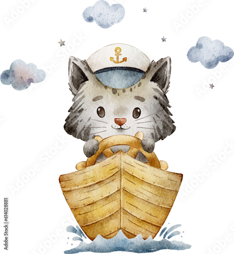 cute cat sailor watercolor illustration