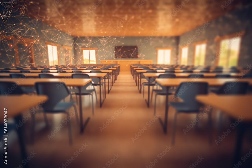 Generative AI Back to school concept. Classroom in blur background without young student; Blurry view of elementary class room no kid or teacher with chairs and tables in campus.