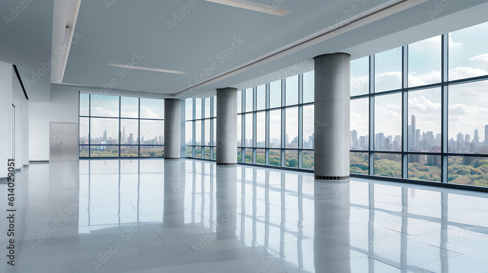 Fototapeta premium Generative AI Panoramic skyline and modern commercial office buildings with empty floors