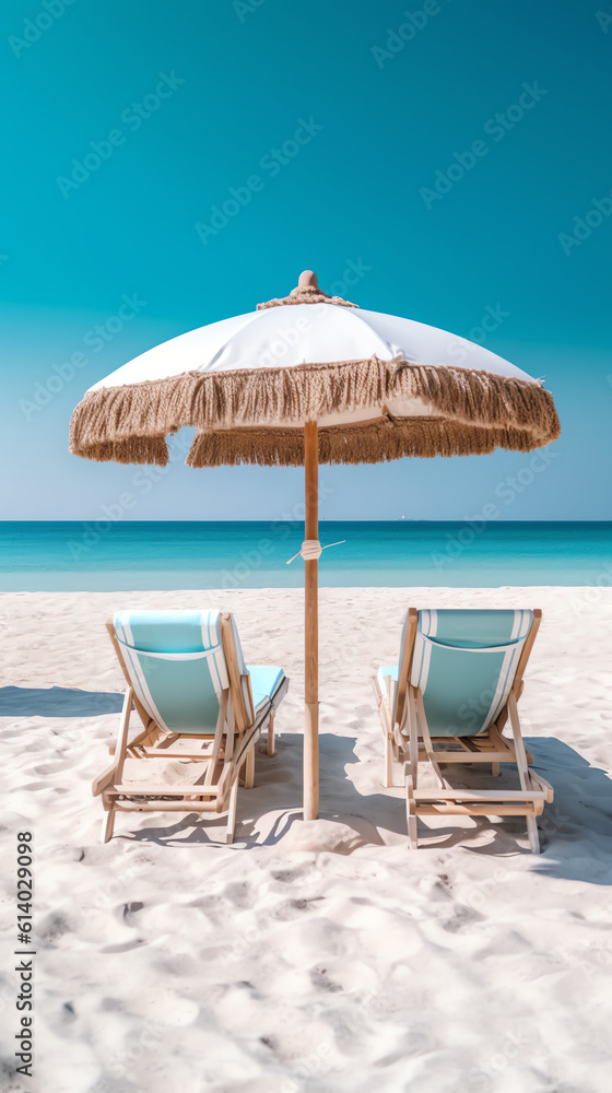 Generative AI Beautiful beach. Chairs on the sandy beach near the sea. Summer holiday and vacation concept for tourism. Inspirational tropical landscape