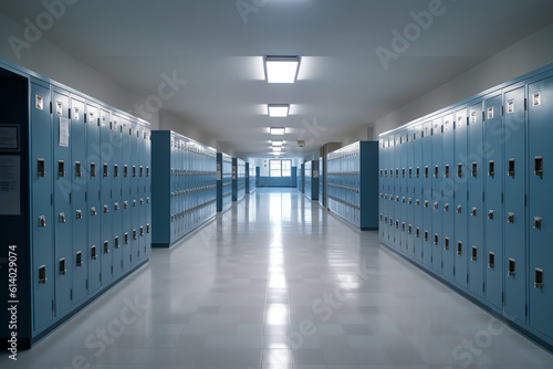 Generative AI High School hallway corridor in College or university empty hall at classroom, no people student while closed quarantine in situation of Covid-19 disease outbreak result in inability org photo